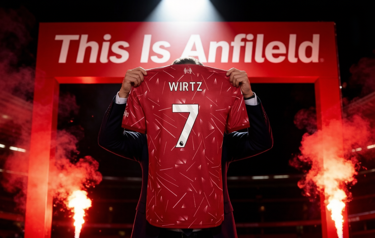 Liverpool Wirtz 7 home shirt at Anfield signing