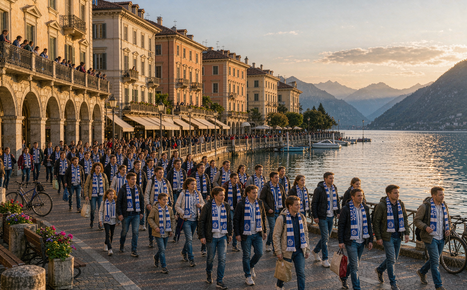 Fans walking along the lakeside promenade of Como before a match