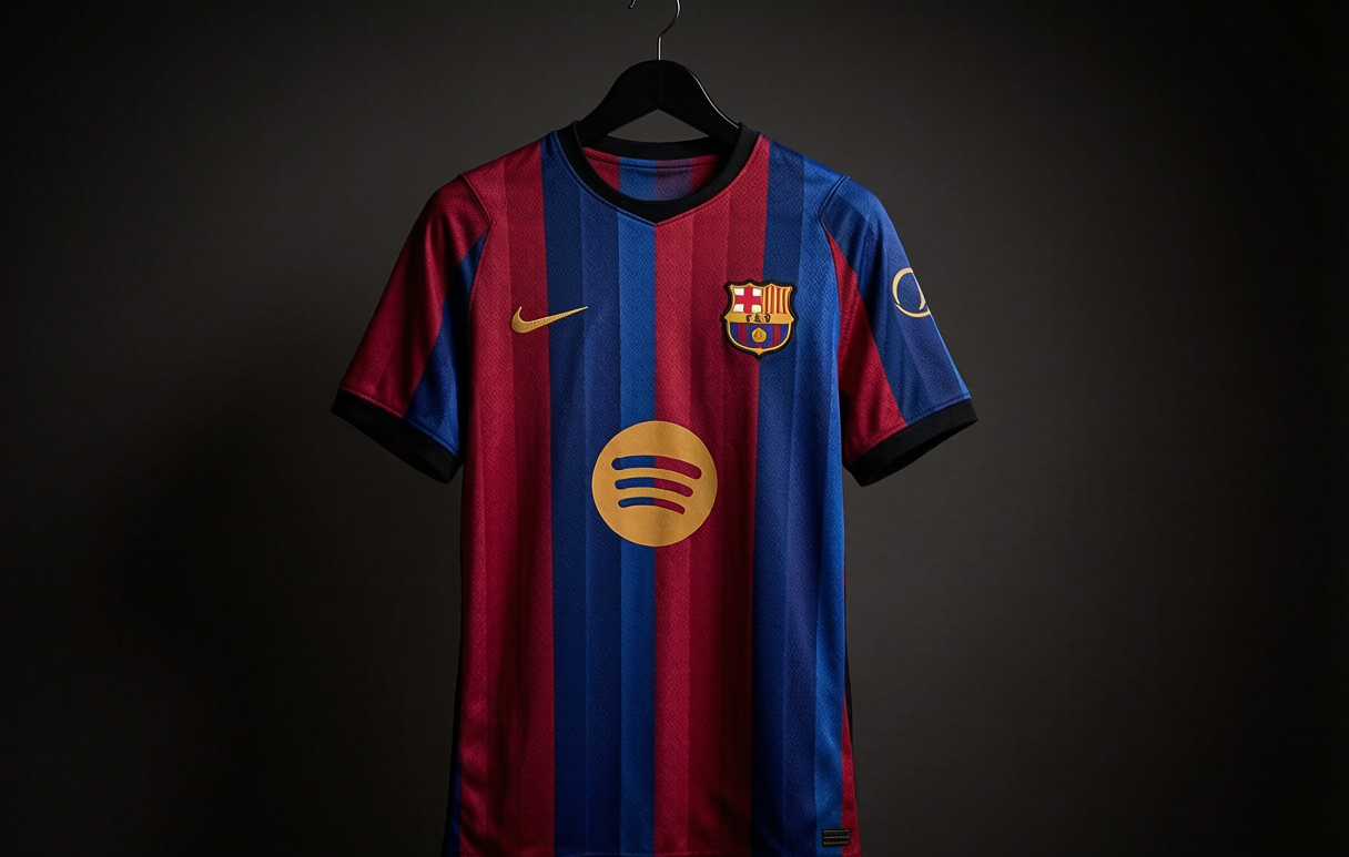 Close-up of the 2026-27 Barcelona home jersey with blue-red gradient stripes