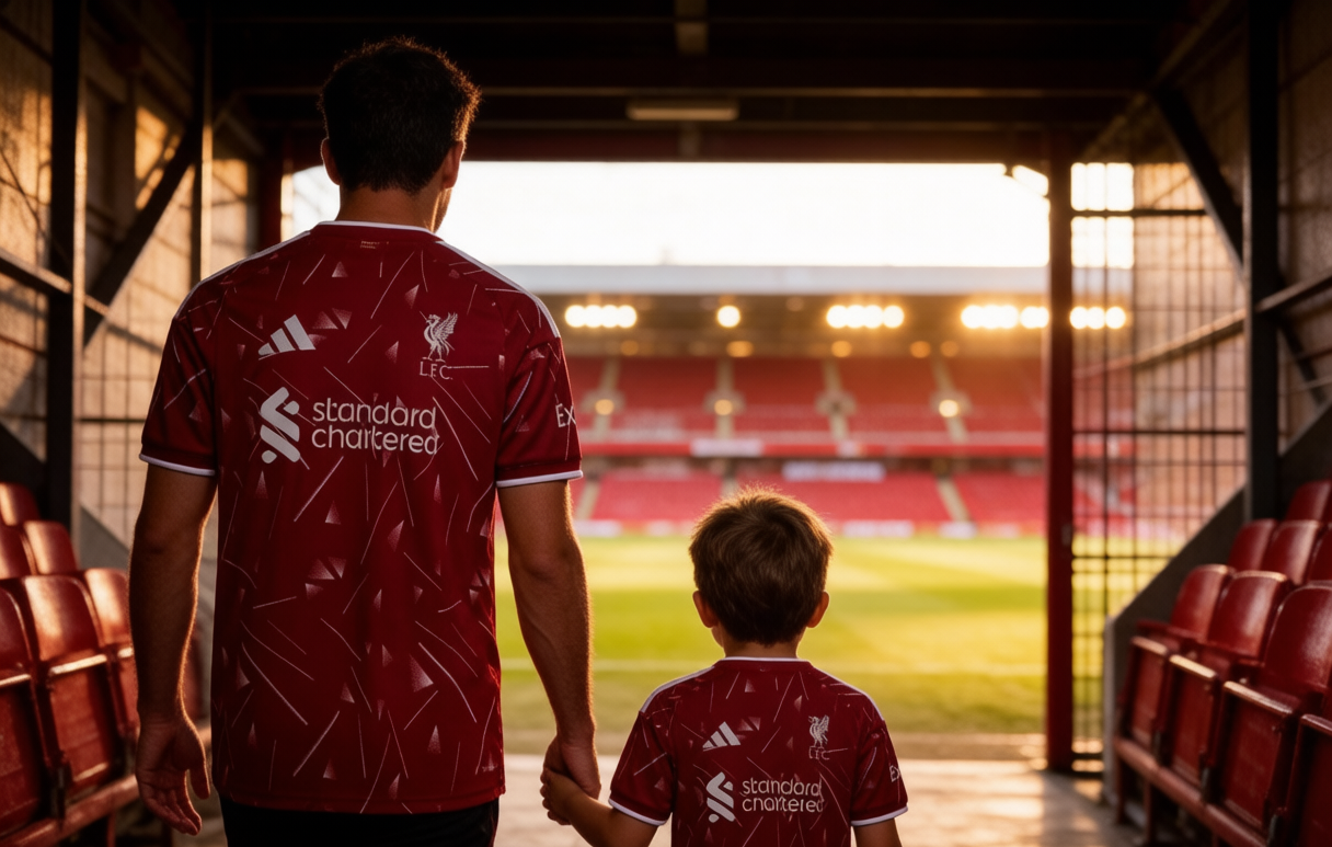 Father and child walking through the Anfield tunnel in Liverpool shirts