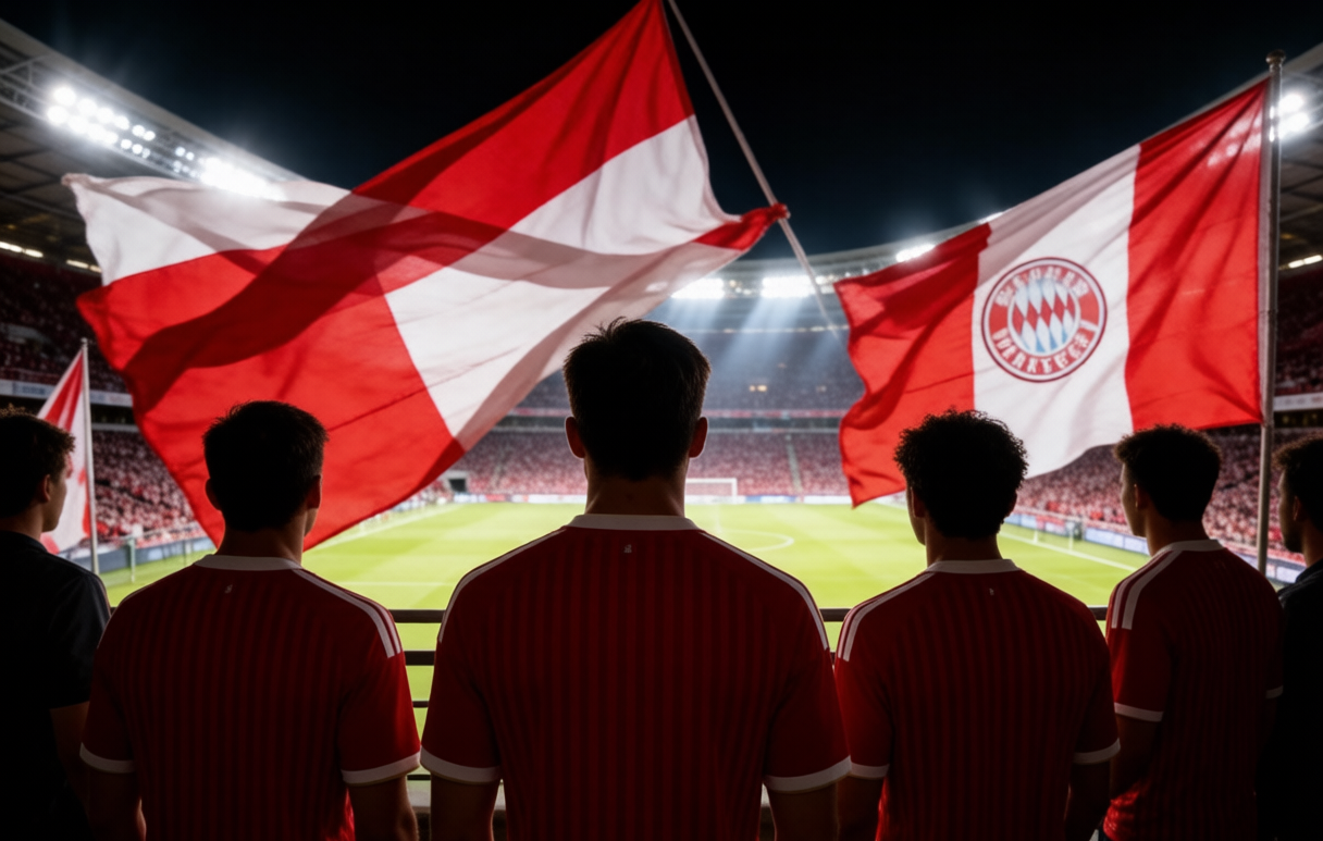 Bayern supporters on a dark terrace with red and white flags