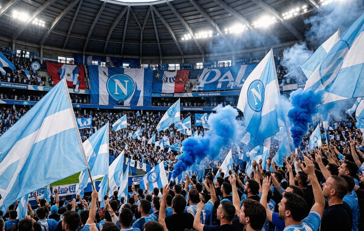 Napoli ultras at Stadio Diego Armando Maradona with sky blue flags and smoke