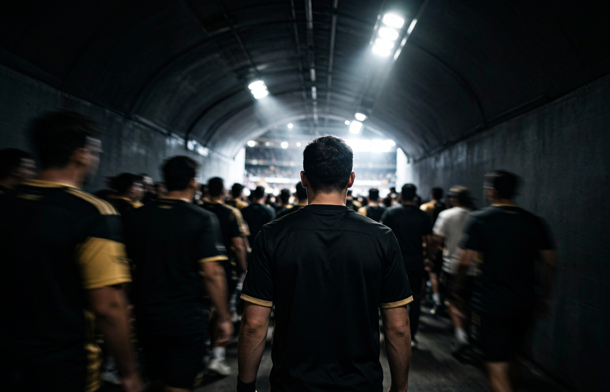 A fan walking through a stadium tunnel wearing a new season football jersey
