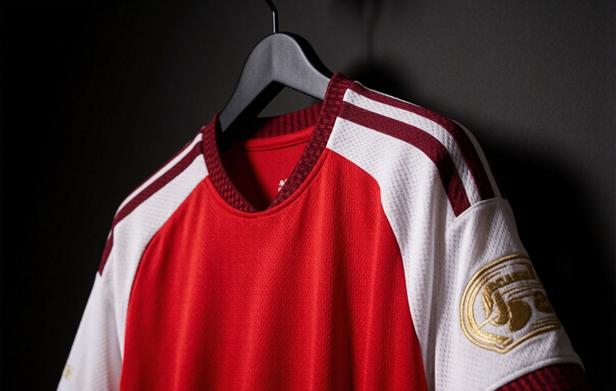 Close-up of the 2026-27 Arsenal home jersey with burgundy zigzag collar