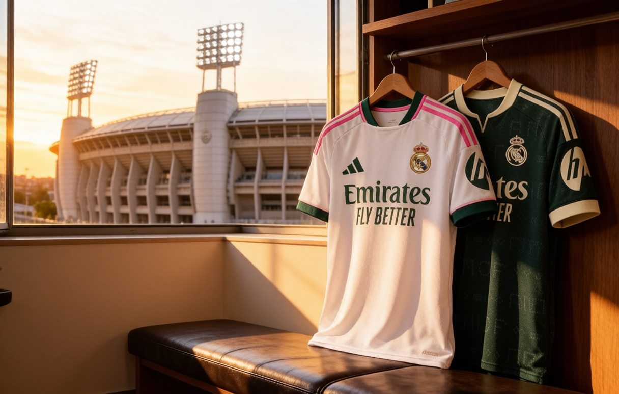 Real Madrid 2026-27 home and away jerseys hanging in the Bernabéu locker room