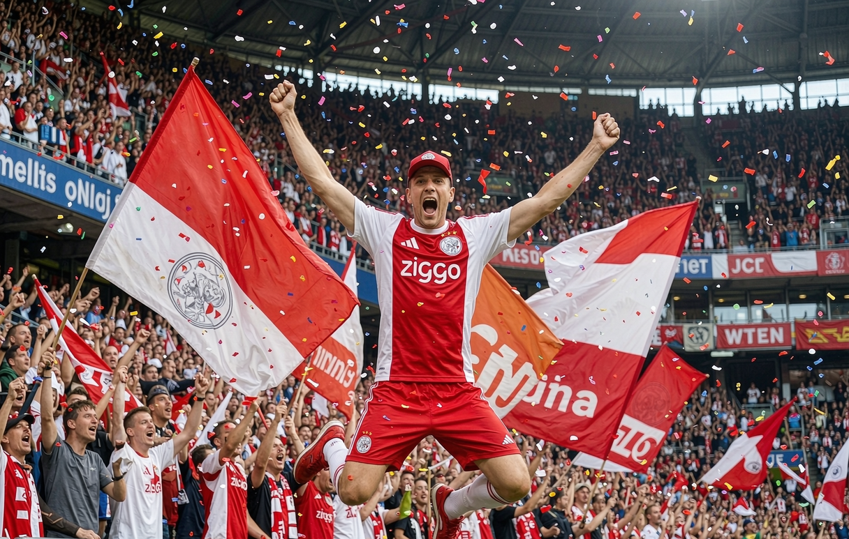 Ajax fan in the Johan Cruijff ArenA wearing the 2026-27 red and white wide-striped home shirt
