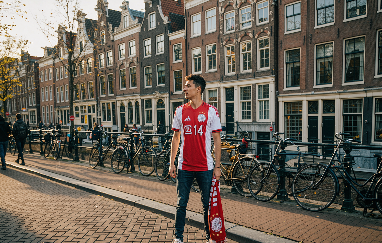 Ajax supporter wearing the Cruyff 14 home shirt in tribute to the club legend before kick-off