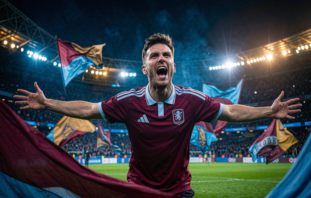 Aston Villa fan at Villa Park wearing the 2026-27 claret and blue home shirt after the Europa League triumph
