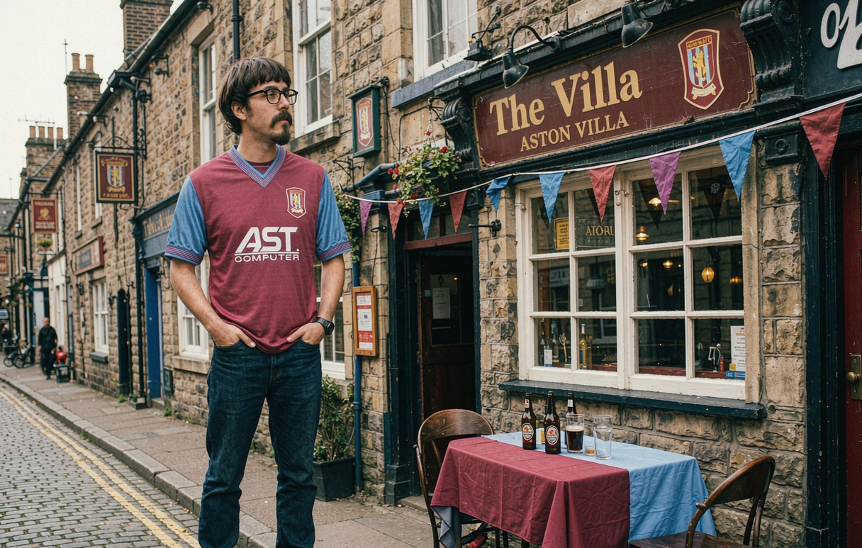 Aston Villa supporter celebrating in the Holte End with the Watkins 11 long sleeve home shirt
