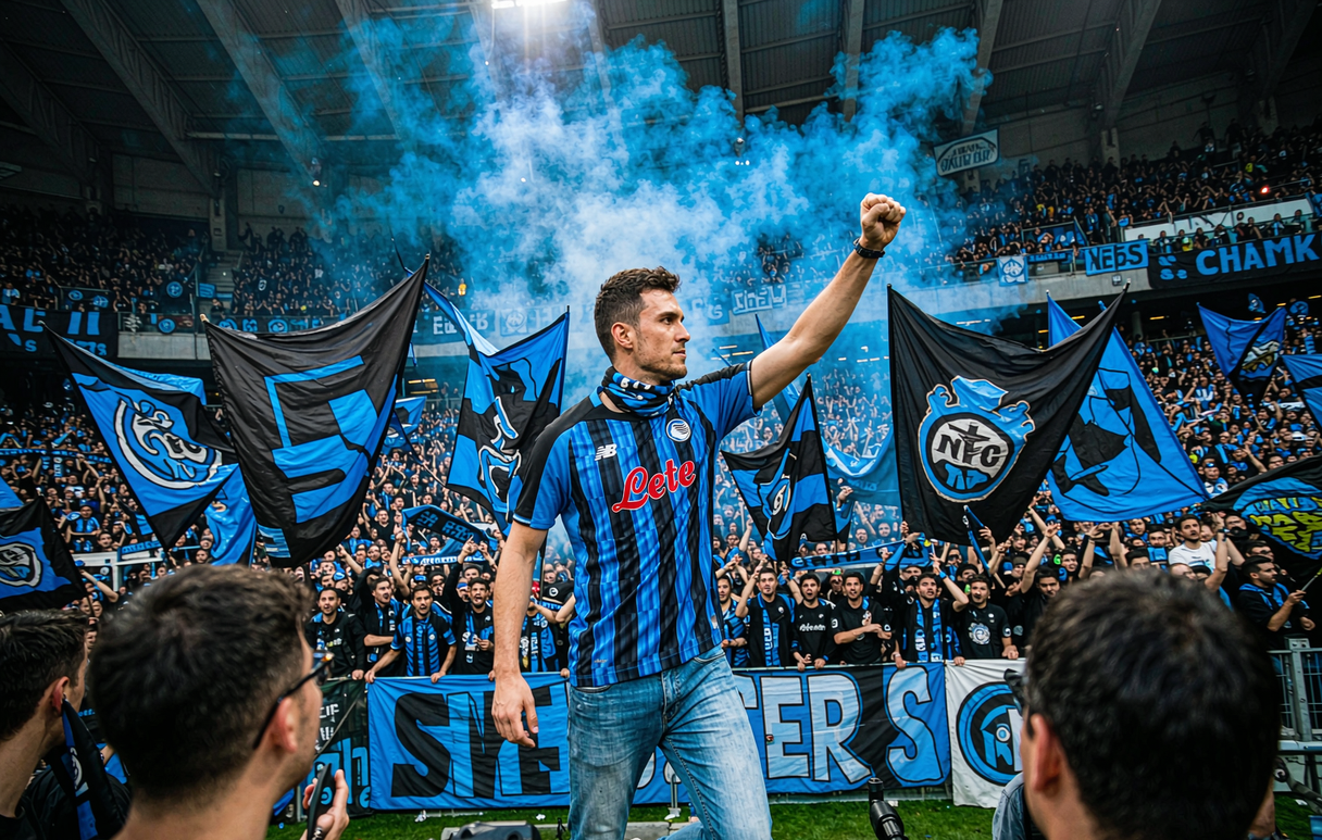 Atalanta fan on the Curva Nord wearing the blue and black striped 2026-27 home shirt