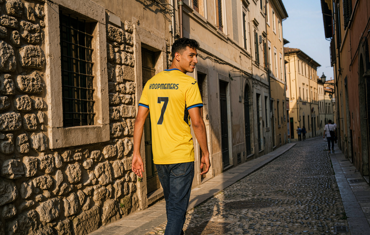 Atalanta supporter walking through Bergamo wearing the Koopmeiners 7 third shirt