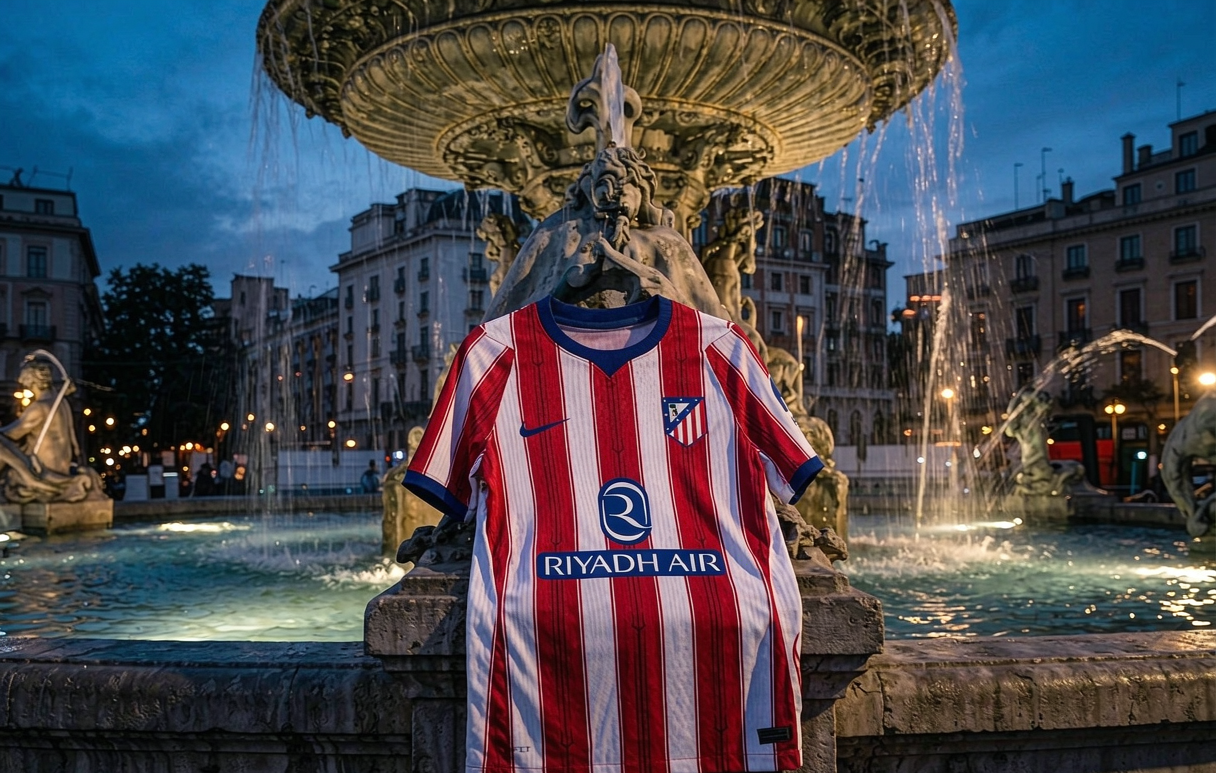 Atlético Madrid 2026-27 home shirt with Neptuno trident motif beside the Madrid fountain