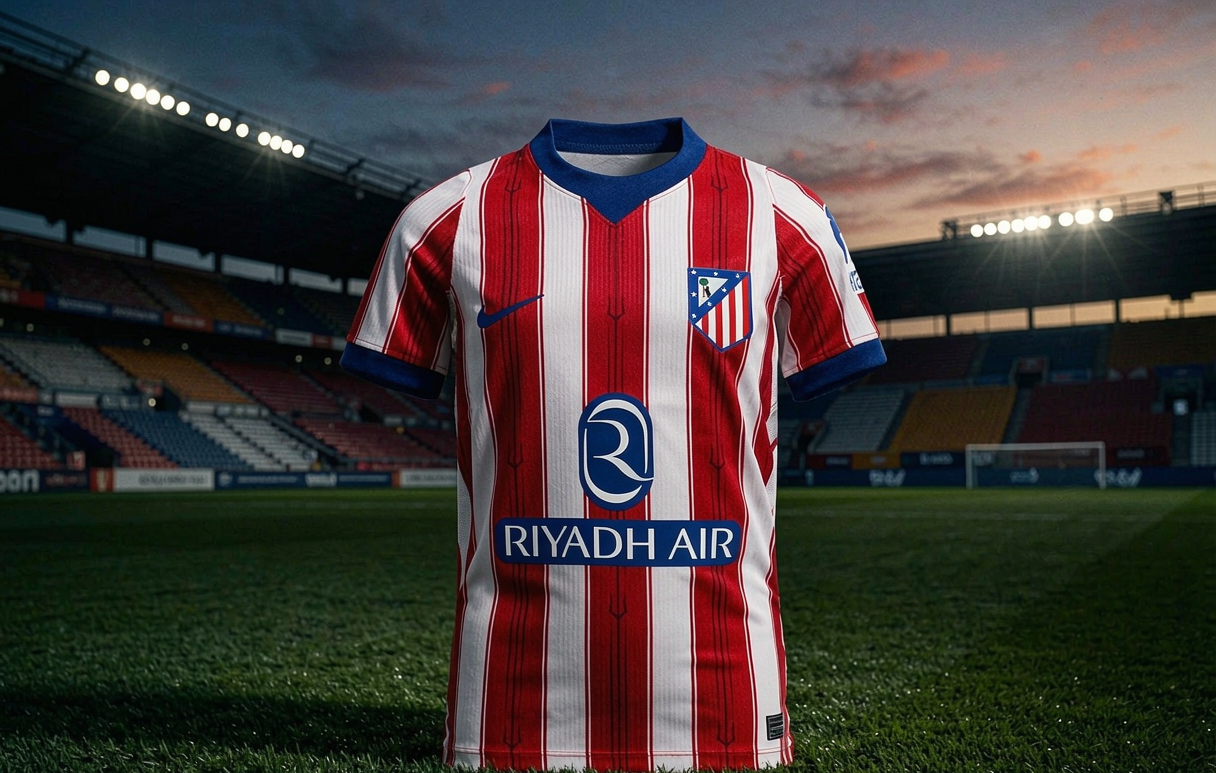 Atlético Madrid 2026-27 home shirt laid flat on training-ground turf under floodlights