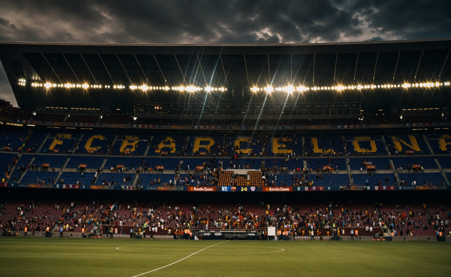 Camp Nou match atmosphere under floodlights