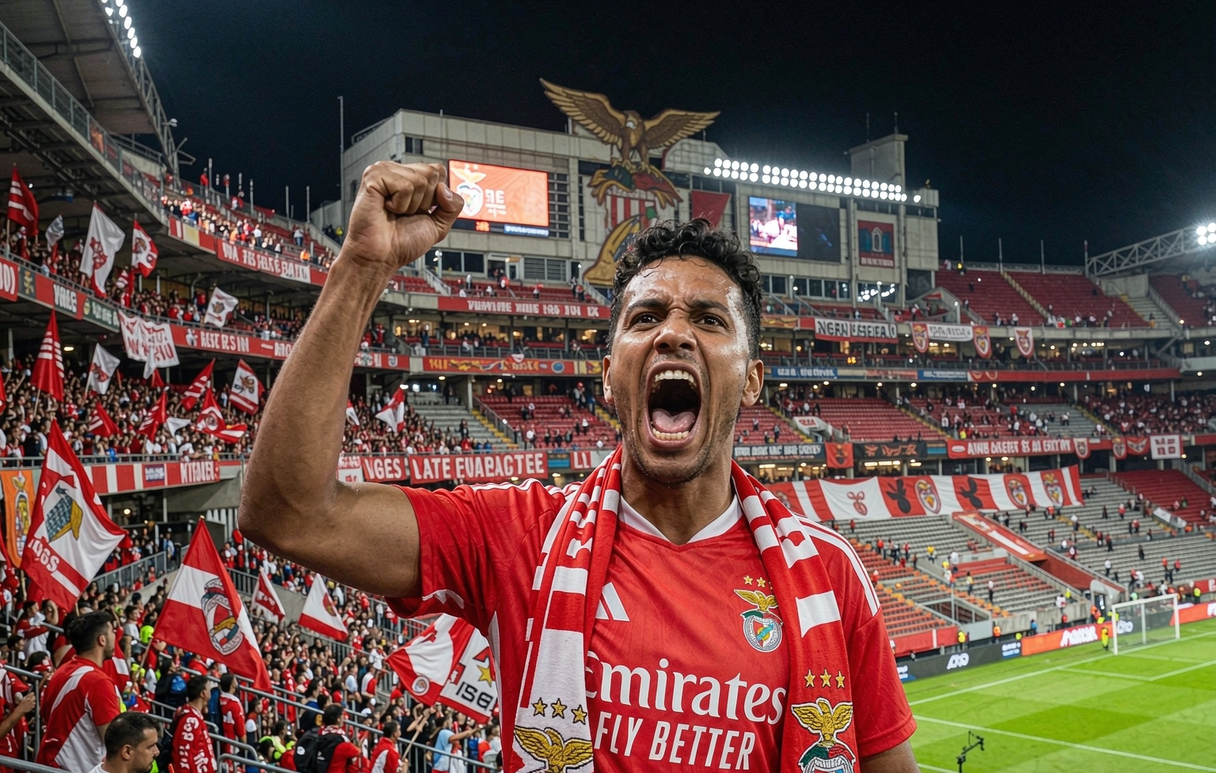 Benfica fan at the Estadio da Luz wearing the 2026-27 red home shirt surrounded by eagle imagery