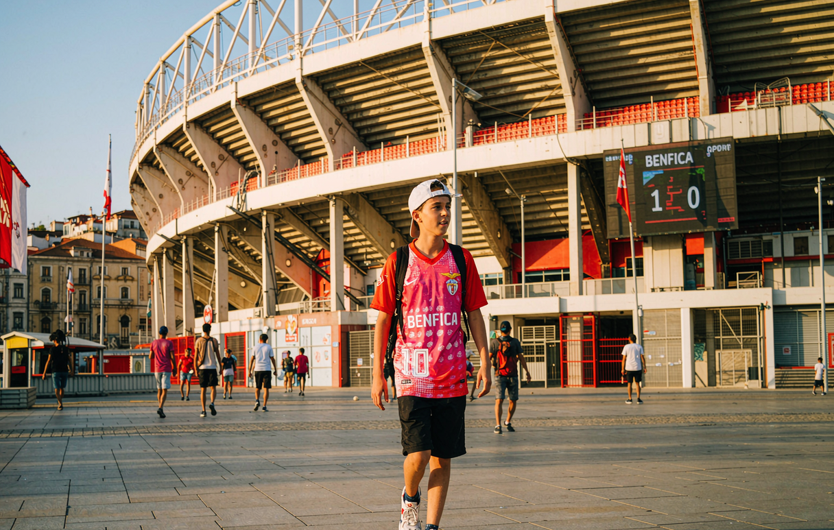 Benfica supporter in Lisbon wearing the Eusebio 10 pre-match shirt in tribute to the club legend