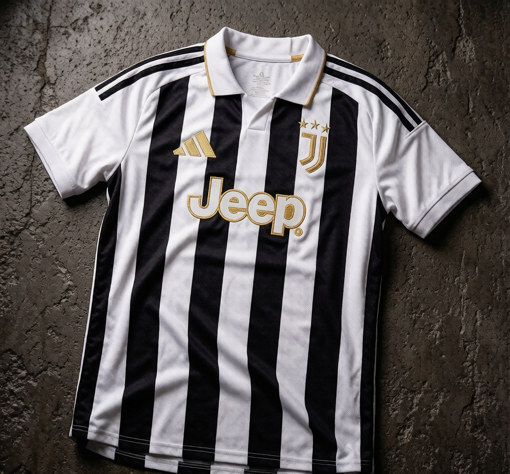 Close-up of the 2026-27 Juventus home jersey with black-white stripes and gold details