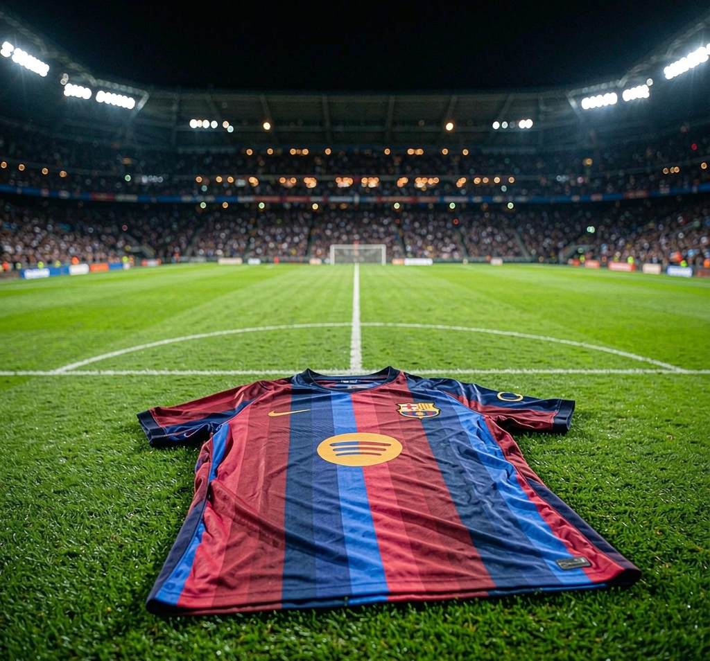 The 2026-27 Barcelona home shirt laid out at Camp Nou for the La Liga title defence