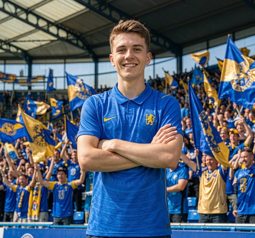 Chelsea fan in the 2026-27 home shirt doing the Cold Palmer celebration