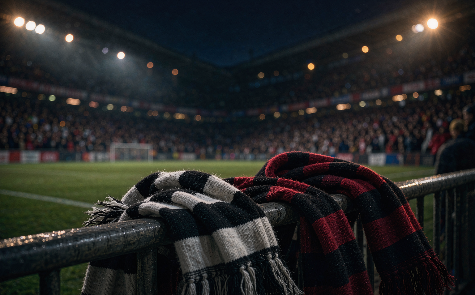 Black-and-white and red-and-black scarves crossed on a stadium railing before a Serie A derby
