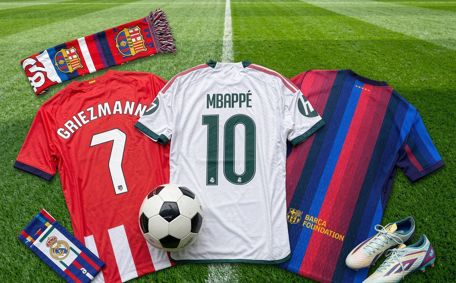 The 2026-27 Real Madrid, Barcelona and Atletico Madrid home shirts laid out on the pitch