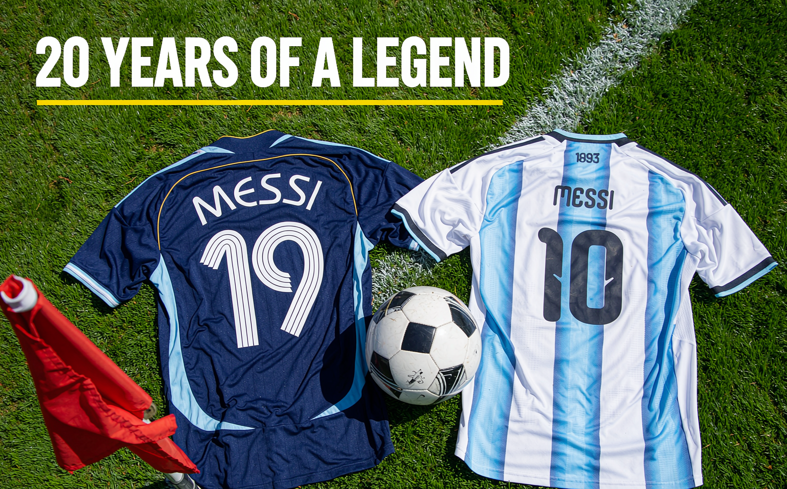 The 2006 Argentina away shirt with Messi 19 and the 2026 home shirt with Messi 10 laid side by side