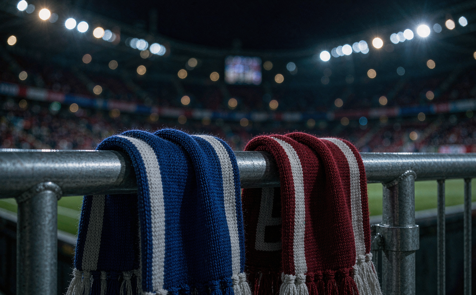 Royal blue and deep red supporter scarves side by side on a stadium railing before a Bundesliga mismatch
