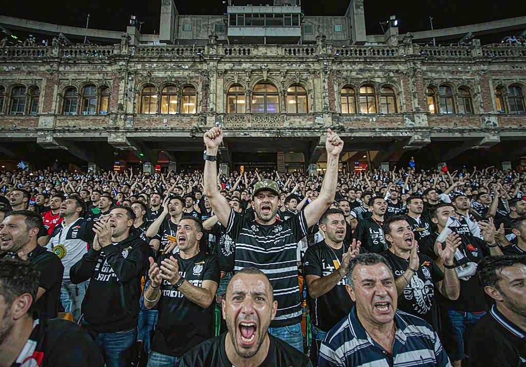 Valencia fans at Mestalla Stadium with white and black flags