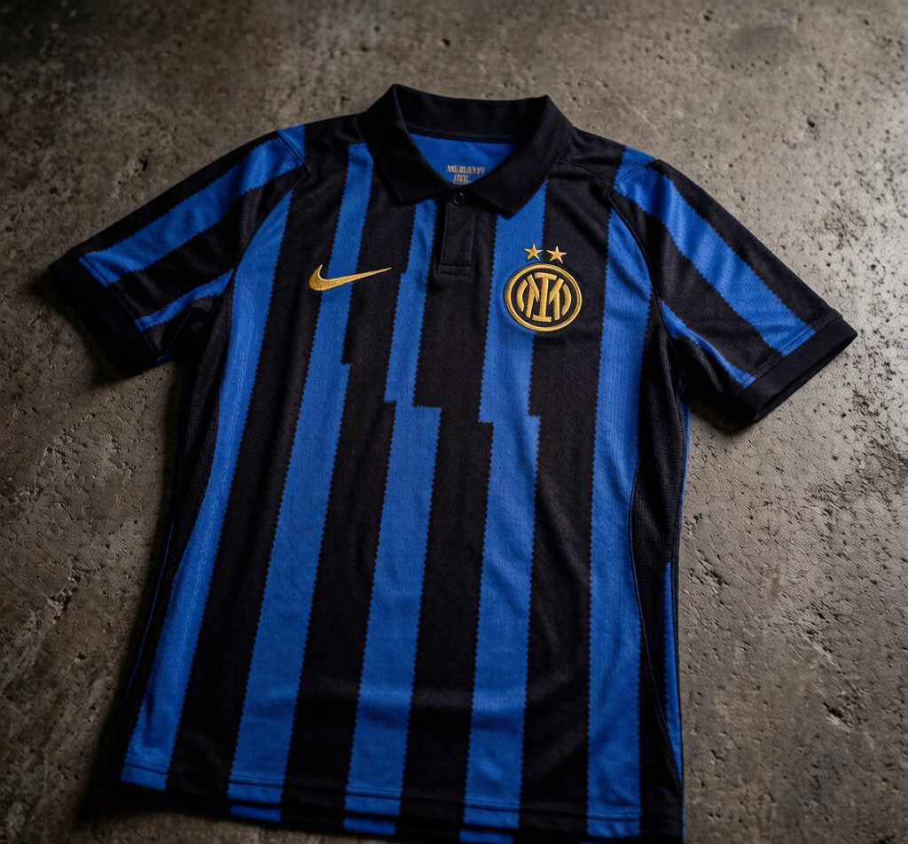 Close-up of the 2026-27 Inter Milan home jersey with blue-black stripes and gold crest