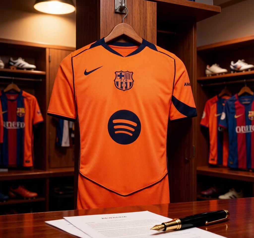 A Barcelona third kit hangs in a locker room with a signed contract and pen