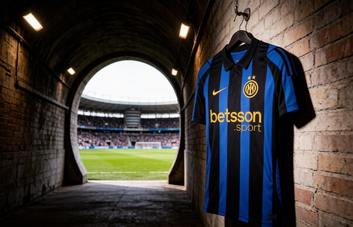 Serie A 2026-27 season opener tunnel with a blue and black striped jersey