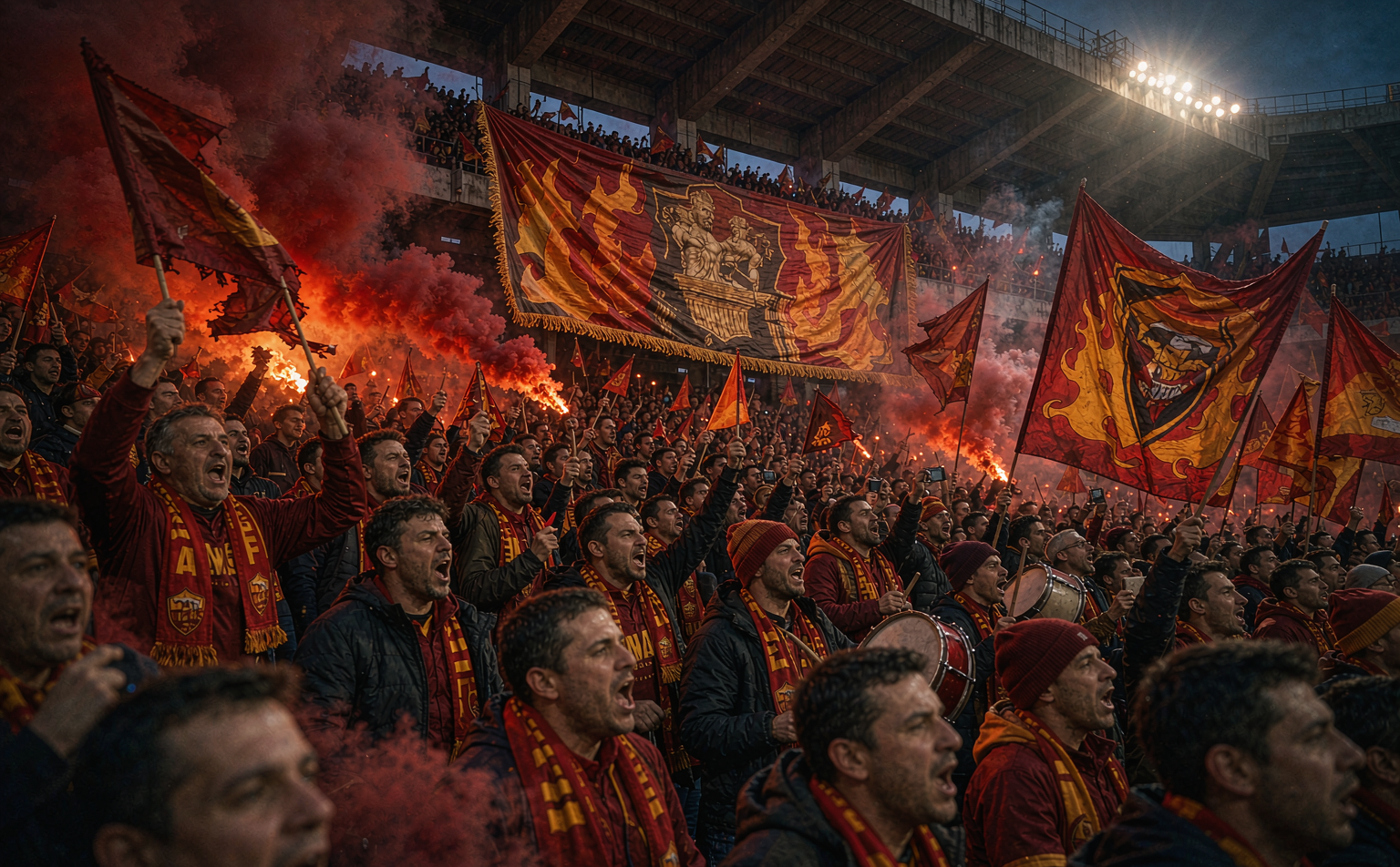 Roma ultras at Stadio Olimpico with deep red flags and smoke