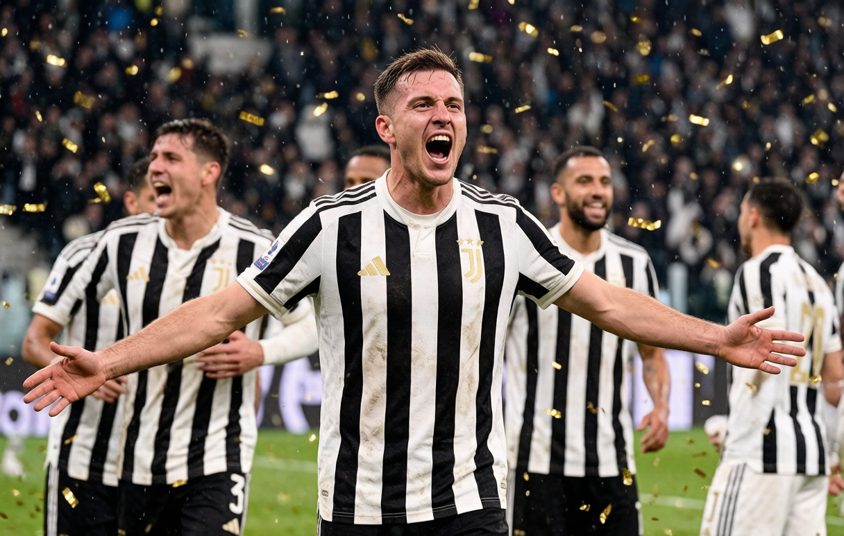 Juventus players celebrate in front of the home supporters