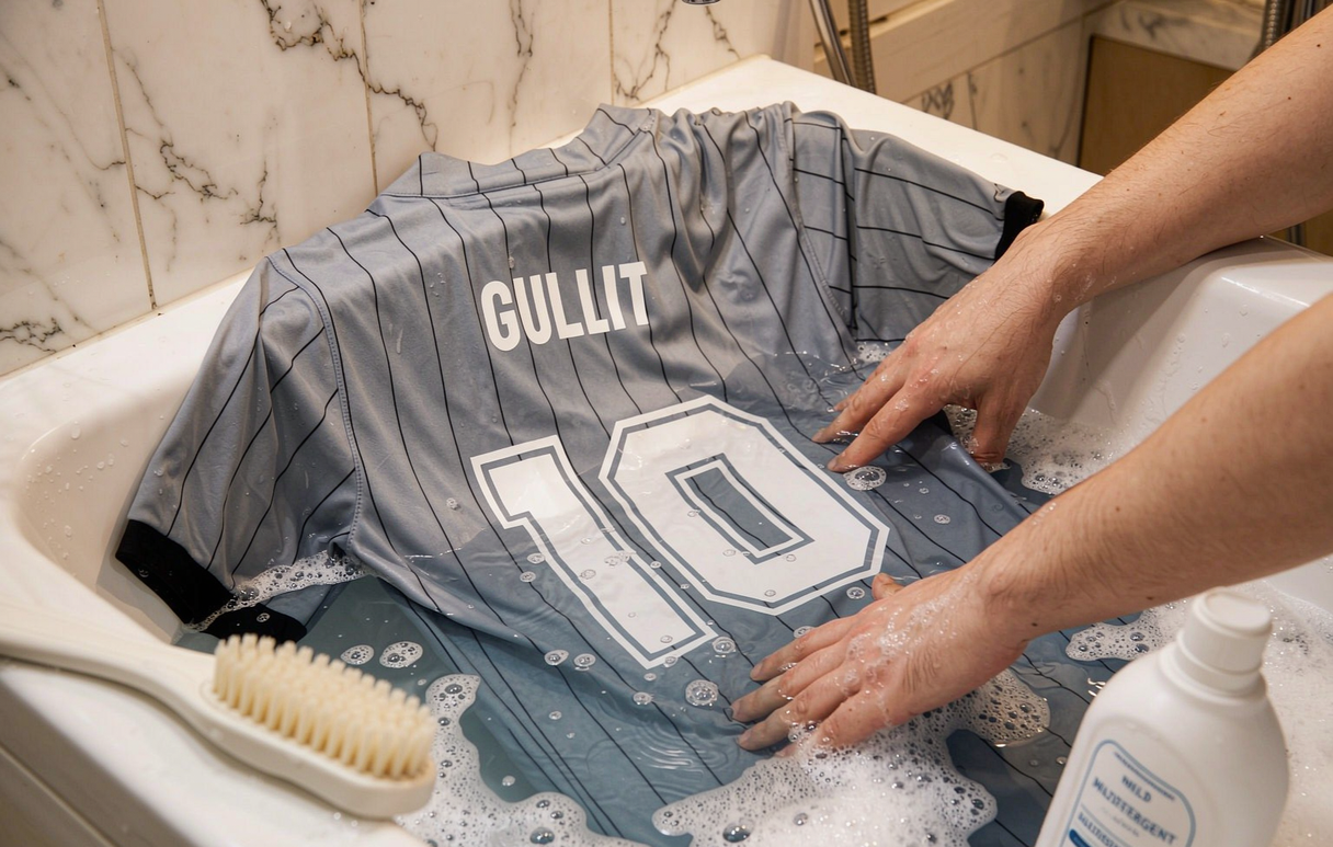 A classic Netherlands 1983 Gullit 10 retro shirt being gently hand washed in a ceramic basin