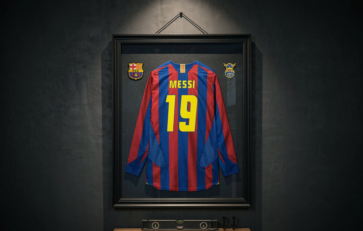 A Barcelona 2005-06 Messi 19 reissue long-sleeve shirt framed in a UV-protective display case