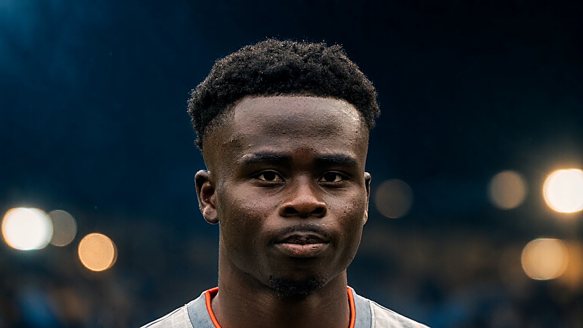 Bukayo Saka in England kit under floodlights ahead of an away Nations League fixture