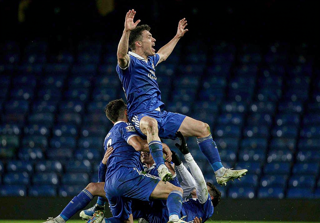Chelsea player celebrating a goal at Stamford Bridge