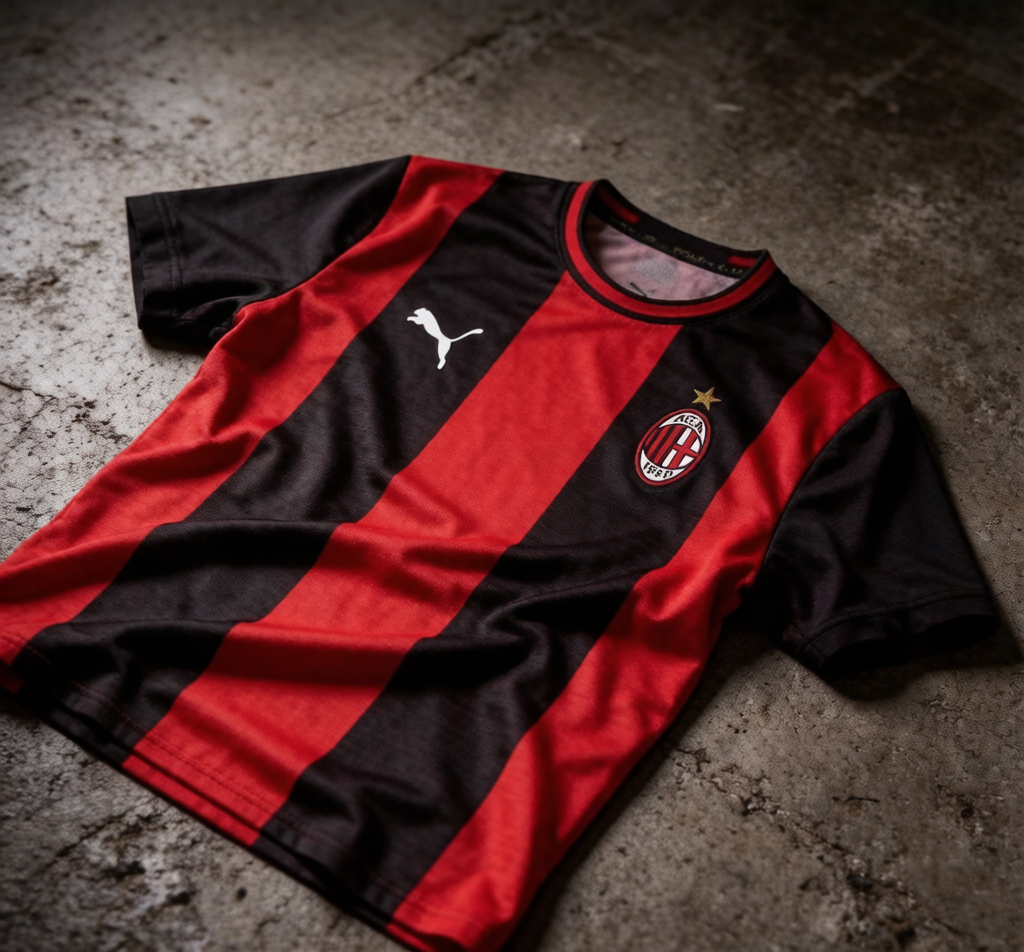 Close-up of the 2026-27 AC Milan home jersey with red-black stripes