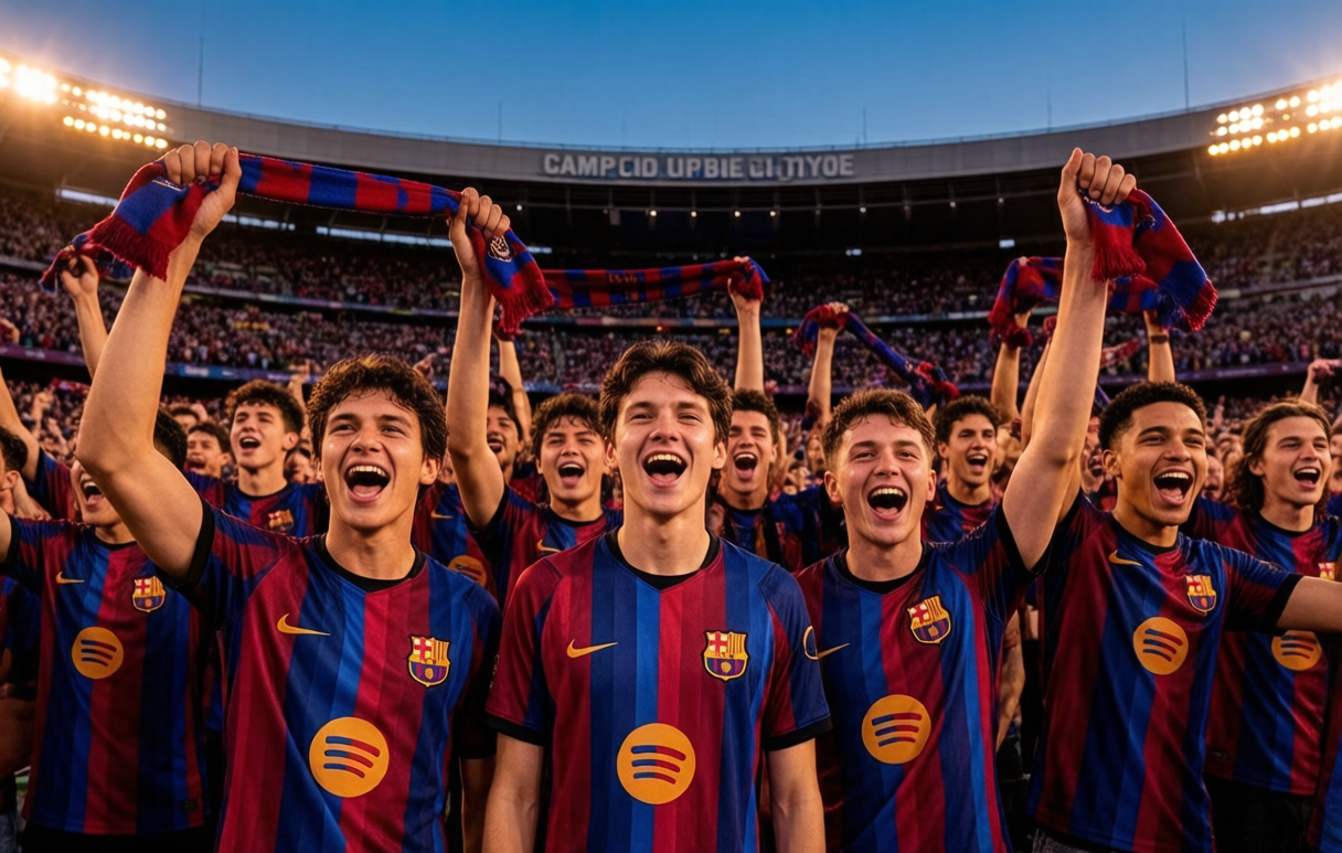 Barcelona fans in the new Camp Nou wearing the 2026-27 home shirt