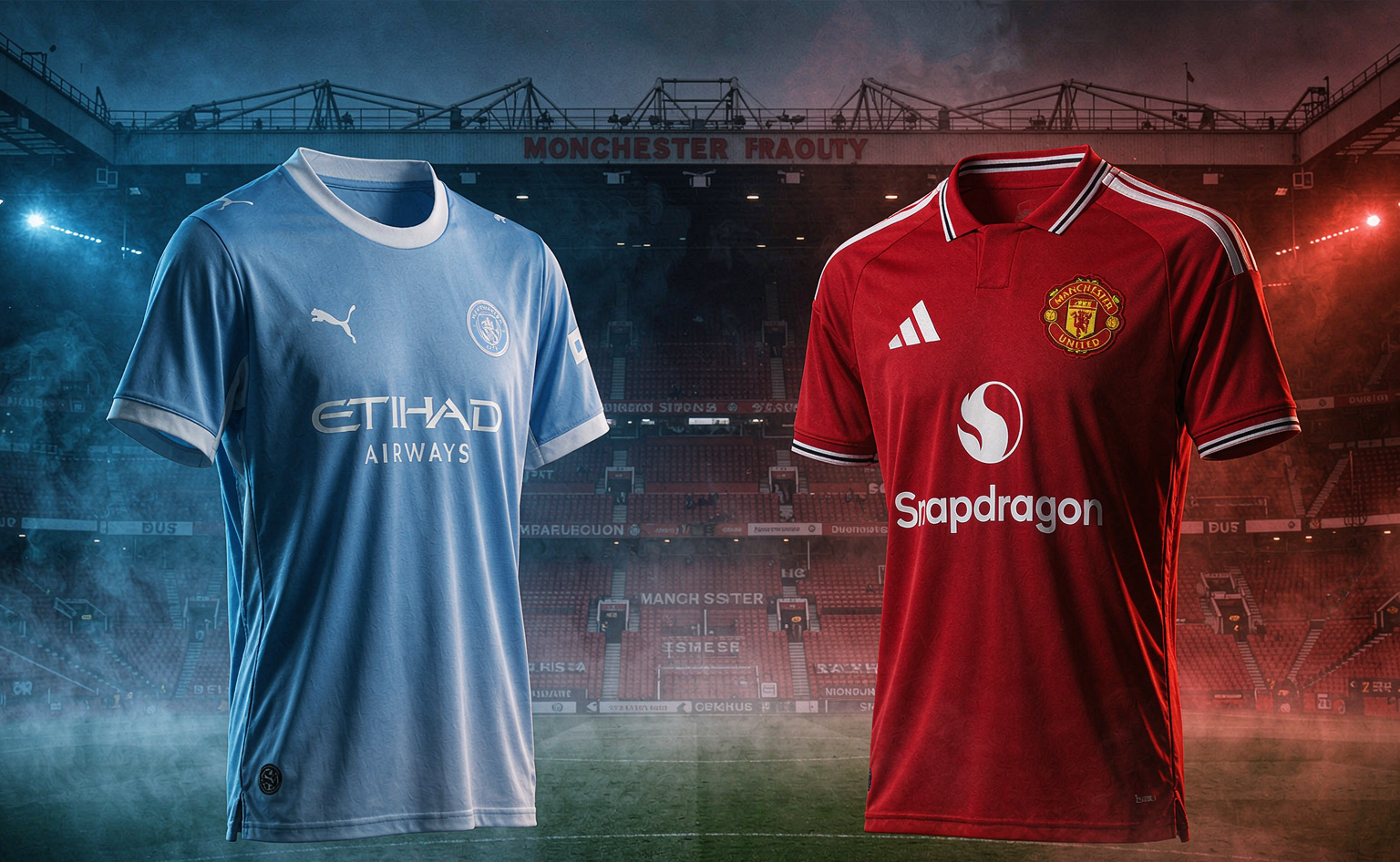 Manchester City vs Manchester United derby clash, two shirts on a misty Old Trafford pitch