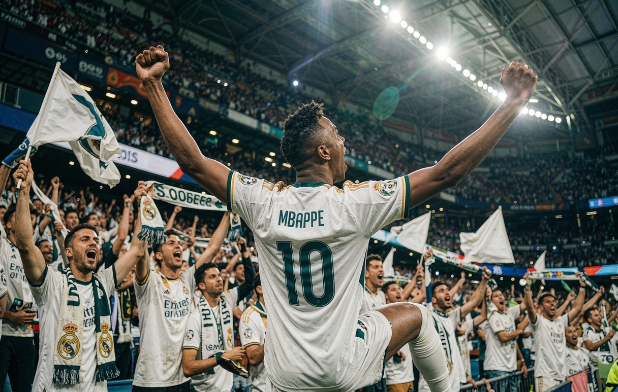 Real Madrid fan wearing Mbappe 10 shirt celebrating in a packed Bernabeu stand on El Clasico night