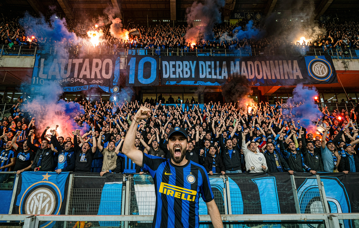 Inter Milan Lautaro 10 shirt in the Curva Nord during the Derby della Madonnina at San Siro