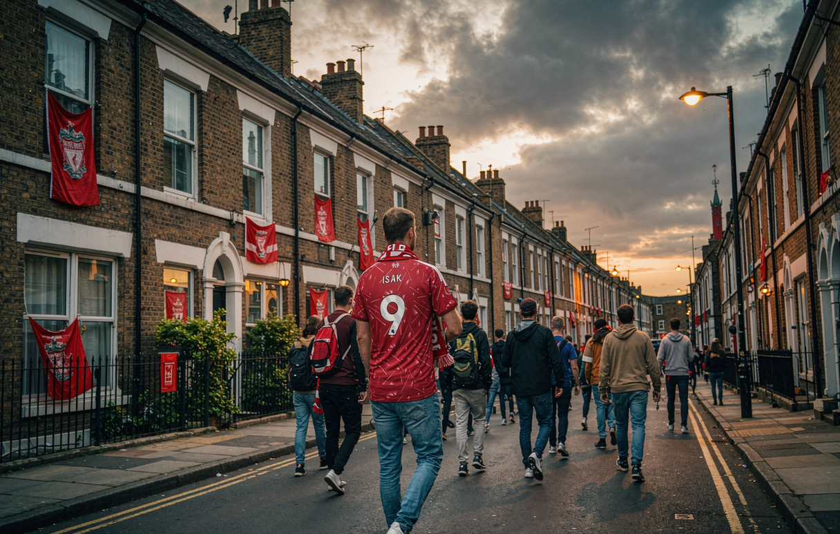 Liverpool fans walking to Anfield for the North West derby wearing Isak 9 shirts and scarves