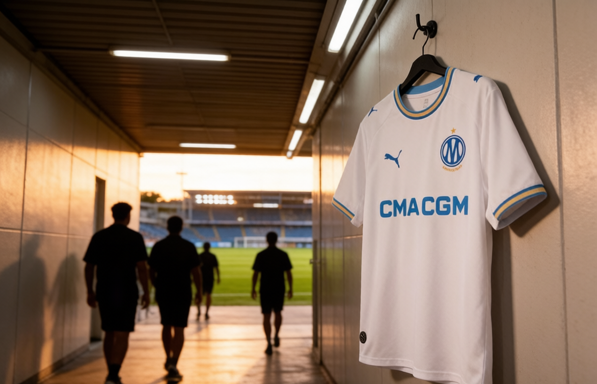 Ligue 1 2026-27 opening night with Marseille home jersey in stadium tunnel