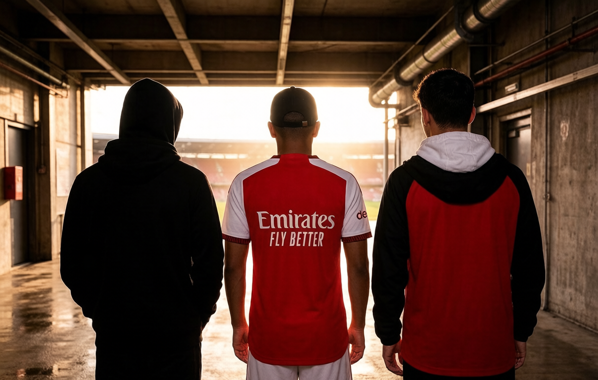 Arsenal fans walking through the Emirates concourse in the 2026-27 home kit