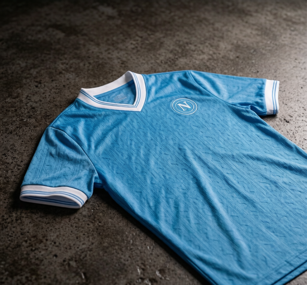 Napoli home shirt on dark concrete with sky blue and white details