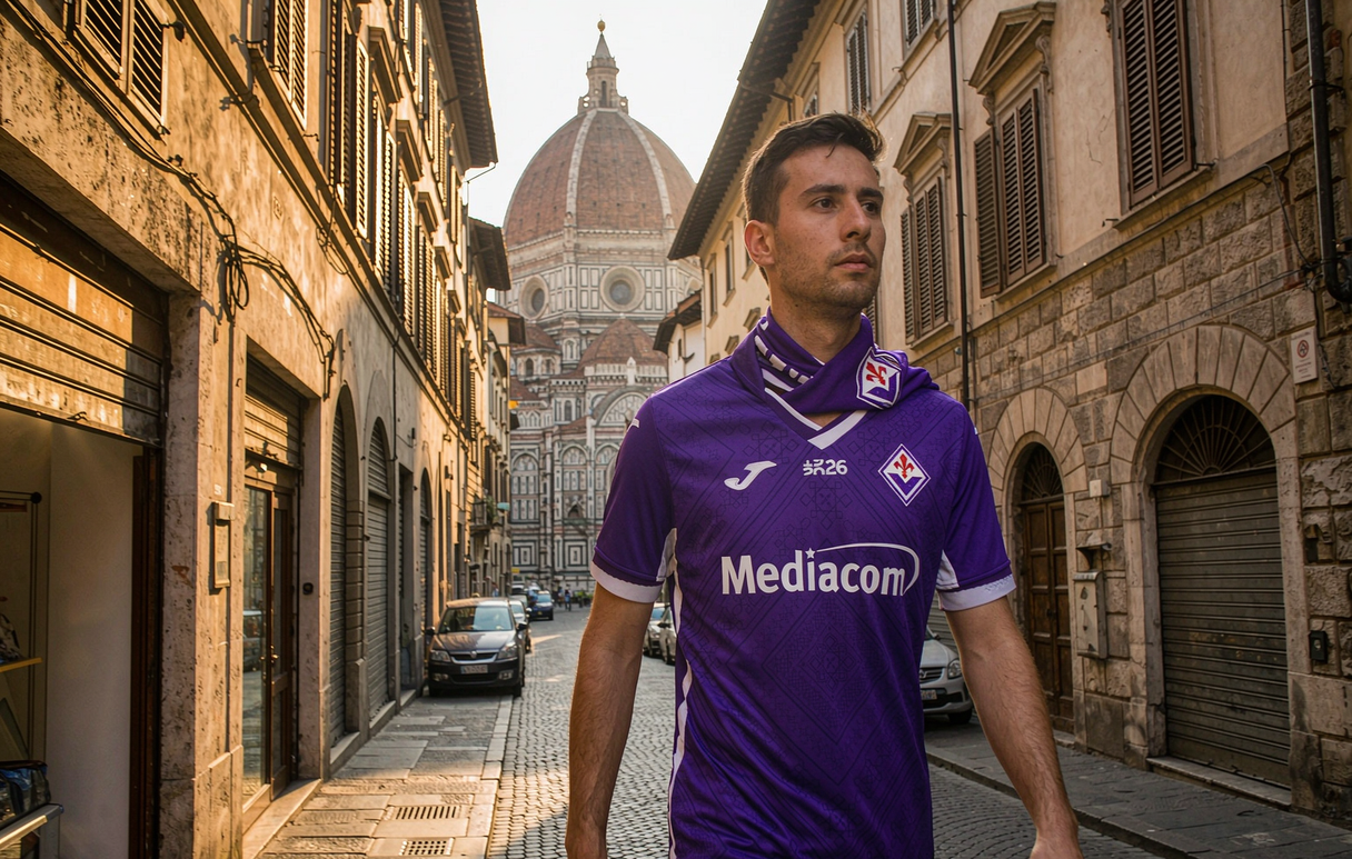 Fiorentina fan in the deep purple home jersey walking a historic Florence street with the Duomo behind