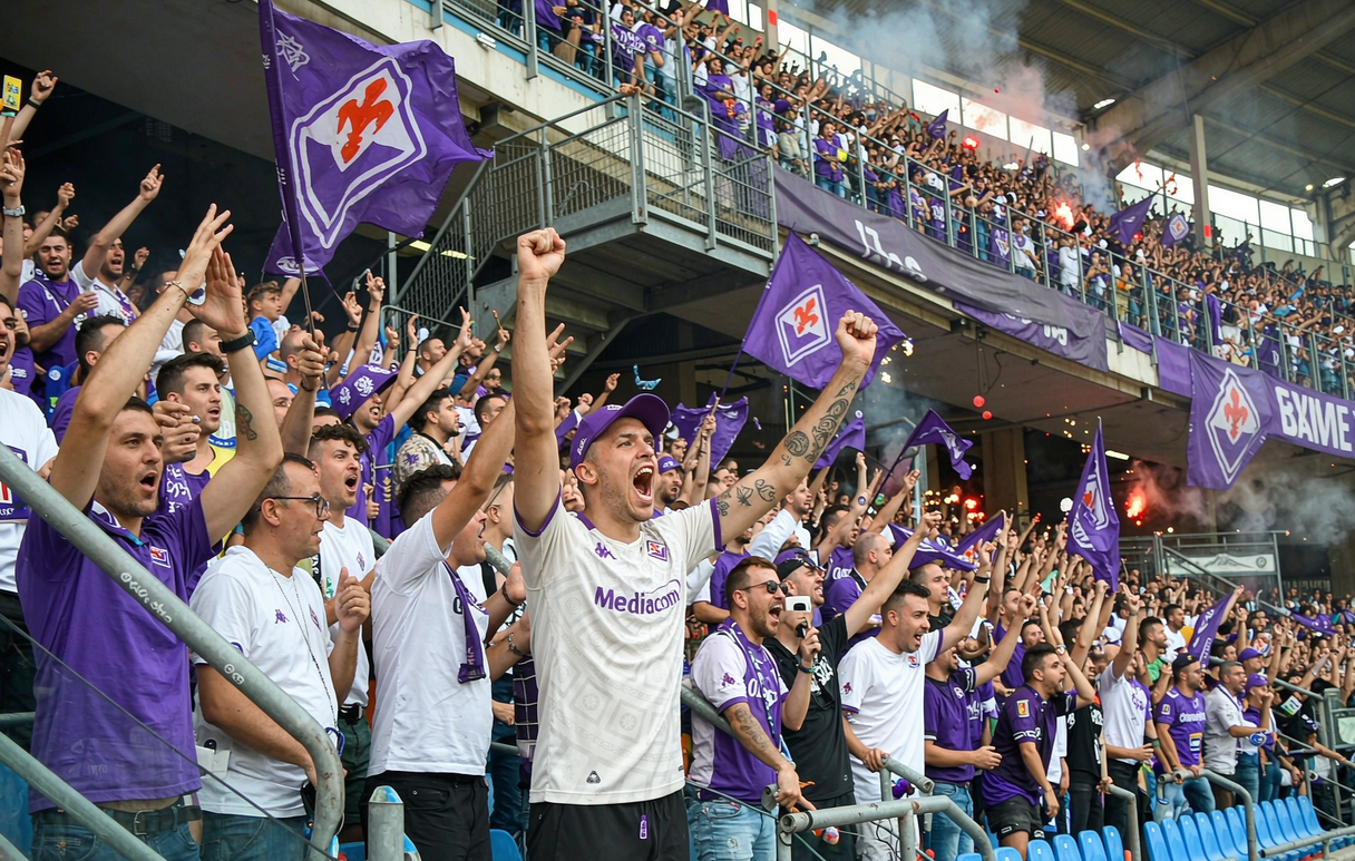 Fiorentina supporters celebrating in the Curva Fiesole of the Stadio Artemio Franchi