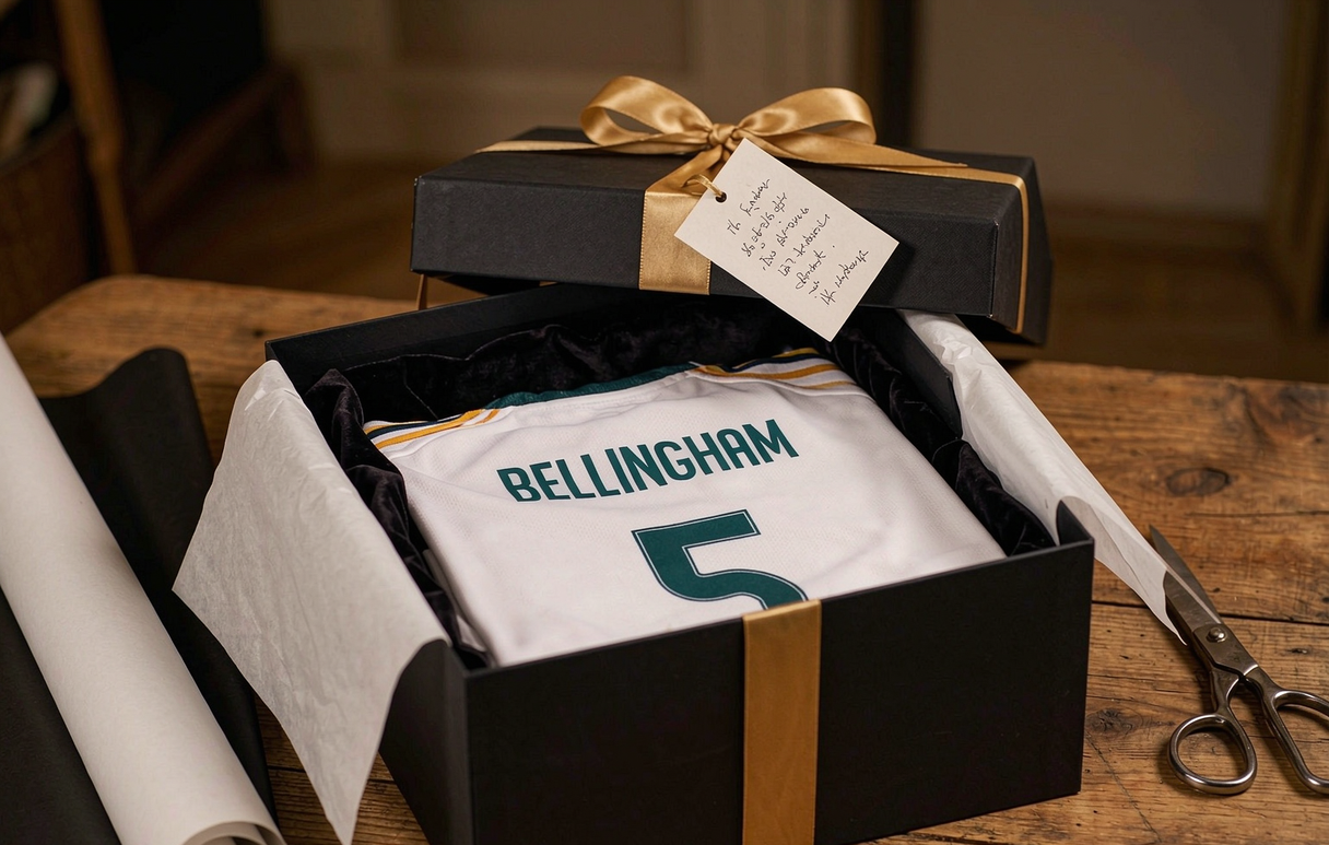 Real Madrid Bellingham 5 home shirt folded in a premium gift box with ribbon