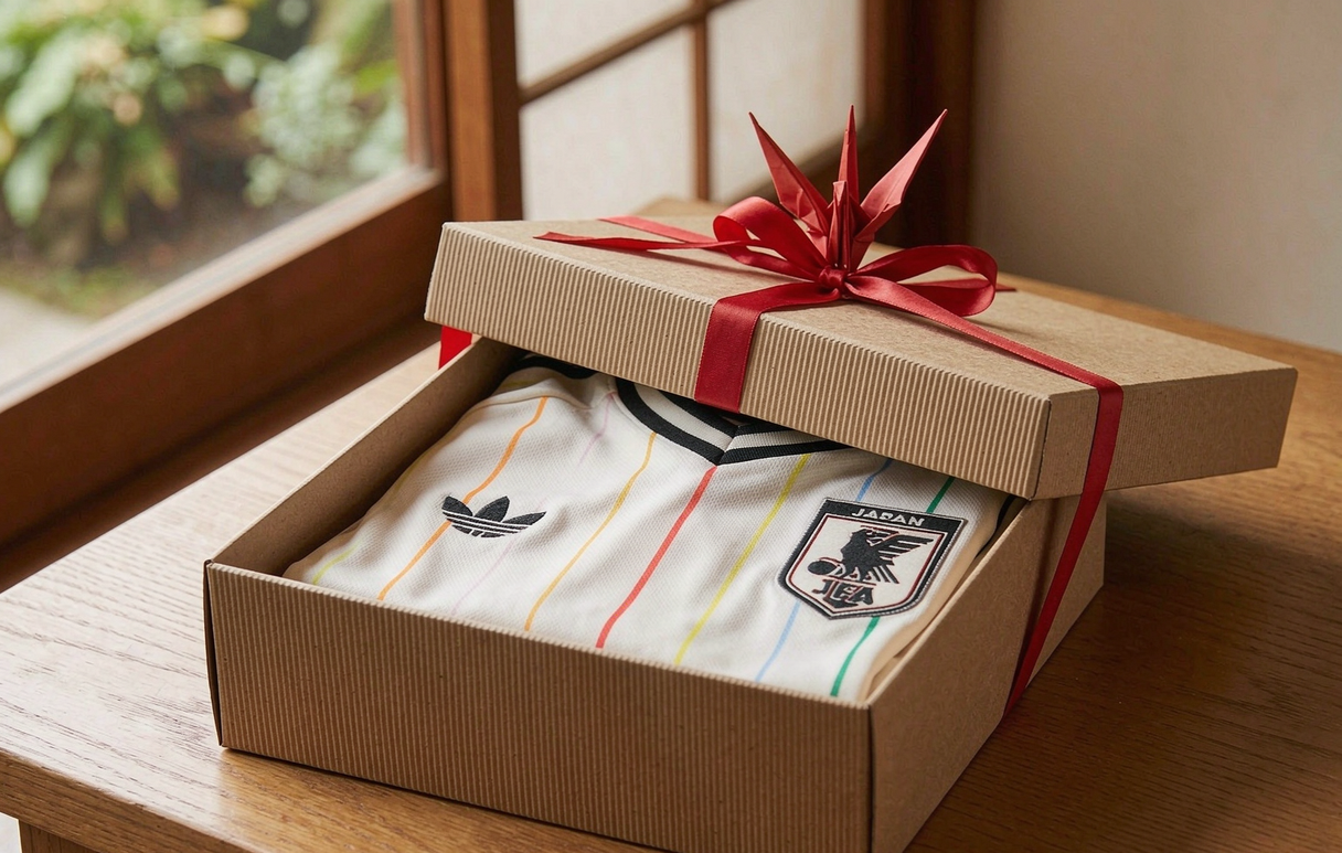 Japan 2026-27 away shirt wrapped in minimalist kraft paper with origami crane